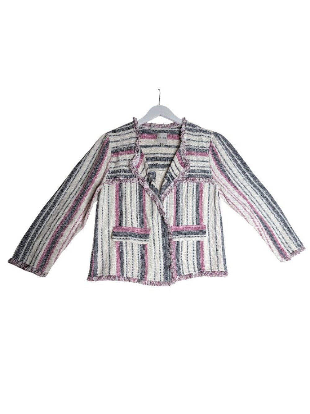NIC+ZOE Voyage Textured Fringe Tweed Jacket Pink & Blue Striped Size L - Picture 2 of 14